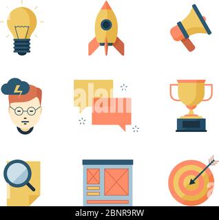SEO smm Business Icons. Brainstorming Kommunikationskampagnen Marketing Strategie Vektor Symbole flache Sammlung Stock Vektor