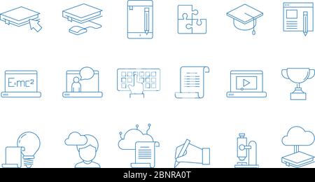 Symbole für Online-Schulungen. Ausbildung Studium Kurse College spezielle Schule mit Web-Computer Abstand Tutorials Vektor-lineare Symbole Stock Vektor