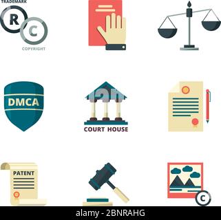 Copyright-Symbole. Unternehmen Recht Recht Qualität Verwaltung Politik Vorschriften Compliance Vektor flache farbige Symbole Stock Vektor