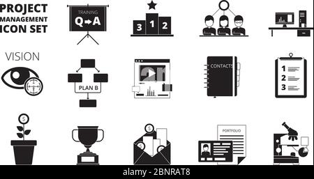 Symbol für Projektmanagement. Arbeitsplanung Büroleiter Produktivität Team verwalten Geschäftsprozesse Vektor schwarze Symbole Stock Vektor