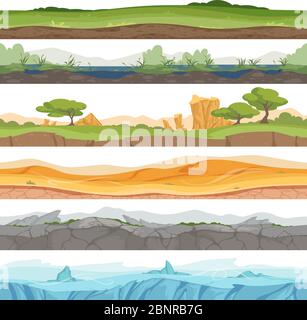 Parallax nahtlose Erde. Spiel Landschaft Eis Gras Wasser Wüste Schmutz Rock Vektor Cartoon Hintergrund Stock Vektor