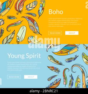 Vektor Boho Doodle Federn Web Banner Vorlagen Illustration Stock Vektor