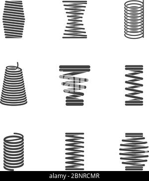 Flexible Stahlspirale. Metall gebogene Drahtspulen bilden elastische und verdichtete Formen Vektor-Symbol Silhouetten isoliert Stock Vektor