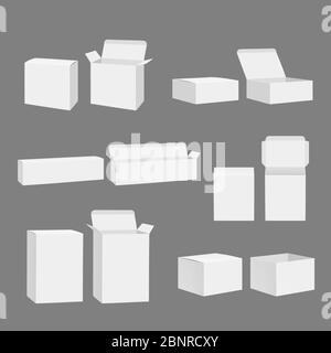 Leere Felder. Öffnen Sie geschlossen Karton weiß Geschenkverpackungen Lagerung Mockup Vektor realistische Vorlage isoliert Stock Vektor
