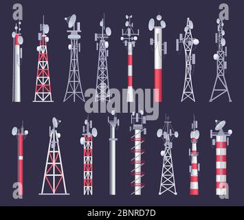 Wireless-Tower. TV-Radio Netzwerk Kommunikation Satellit Antena Signal Vektorbilder Stock Vektor