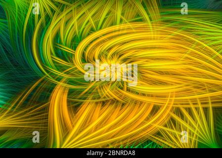 Abstrakter Hintergrund mit Spiralformen in kontrastierenden Schattierungen von Grün und Gelb Stockfoto