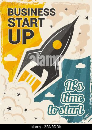 Poster für den Start-up-Klassiker. Business Launch Konzept mit Raketen oder Space Shuttle Start Vektor Plakat im Retro-Stil Stock Vektor
