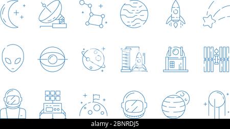 Symbol für die Leertaste. Mond Astronomie Station Rakete Astronaut fremde Sterne Vektor dünne Symbole Stock Vektor