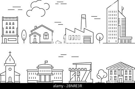 Symbol für städtische Gebäude. Häuser Wohnzimmer Villa außen Vorstadtvektor lineare Symbole isoliert Stock Vektor