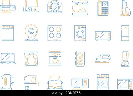 Elektrische Symbole für die Startseite. Haushalt moderne Geräte Geräte Mikrowelle Computer Gadgets Kühlschrank tv Vektor farbige dünne Symbole Stock Vektor