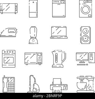 Symbol für Haushaltsgeräte. Elektrische Haushaltsgegenstände Computer tv Kühlschrank Mikrowelle Vektor dünne Linie isoliert Stock Vektor