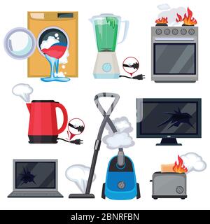 Defektes Gerät. Schaden Küche zu Hause Artikel tv Waschmaschine Tablet Laptop Vektor Cartoon Illustrationen Stock Vektor