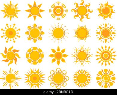 Gelbes Sonnensymbol. Orange Wetter Sonnenschein Sommer Vektor abstrakte Symbole isoliert Stock Vektor