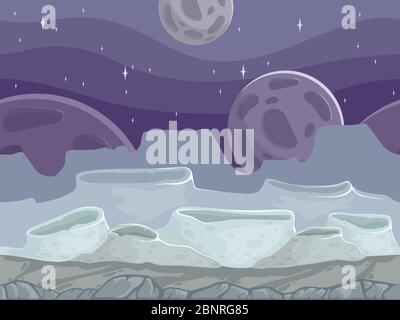 Mond nahtlose Landschaft. Rocky fantastische Outdoor Cartoon Hintergrund mit verschiedenen Steinen Boden Stock Vektor