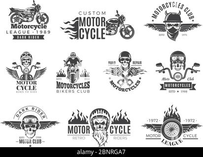 Motorrad-Etiketten. Biker Abzeichen mit Geschwindigkeit Symbole Motor Motorrennen Chopper Schädel und Feuer Vektor Bilder Sammlung Stock Vektor