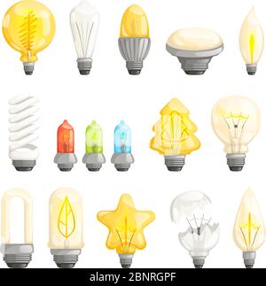 Glühlampen. Moderne Lampe sparen Energie fluoreszierende beleuchtete Halogen Vektor Cartoon Bilder Sammlung Stock Vektor