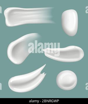 Weiße cremefarbene Abstriche. Kosmetische Tropfen und Spritzer Creme Feuchtigkeitscreme Vektor realistische Vorlage Stock Vektor