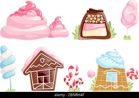 Süße Objekte. Karamell Schokolade Süßigkeiten Fantasy-Elemente für Spiele Cartoon Desserts Vektor-Sammlung Stock Vektor