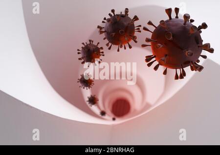 Corona-Virus vor einem archtektonischen Hintergrund in einer Spirale Stockfoto