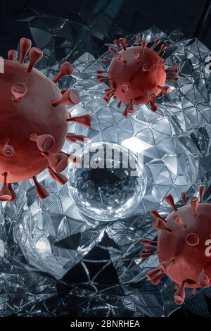 Corona-Viren vor einem fetalen, kristallinen Hintergrund Stockfoto