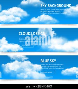 Wolkiger Himmel Banner. Realistische Wolken Wetter Kondensation blau Nachmittag Vektor Vorlage mit Platz für Ihren Text Stock Vektor