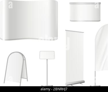 Werbeständer mit Platzhalters. Werbeausstellung Leerraum mit Wand Roll-up Banner Schreibtisch Vektor Marketing realistische Vorlage Stock Vektor