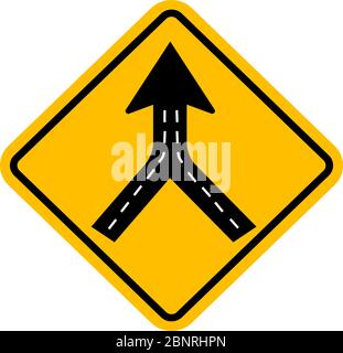 Warnschild zwei Weg Straße zusammenführen. Verkehrssymbol. Gelber Hintergrund. Stock Vektor