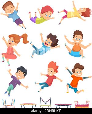 Kinder springen. Trampolin Kinder athletisch spielen auf Spielplatz aktiv Spiele Vektor Cartoon Menschen Stock Vektor