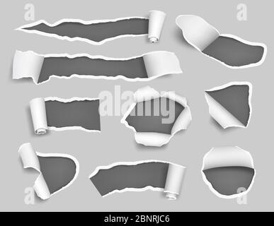 Weißes Papier gerissen. Leere leere leere Seiten Löcher Handwerk zerrissene Kugel zerfellten Vektor 3d-Vorlage Stock Vektor