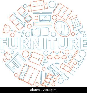 Möbel Hintergrund. Innenräume Werkzeuge in kreisförmigen Form Sofa Stuhl Tisch Bett Haushalt Vektor Design Vorlage Stock Vektor