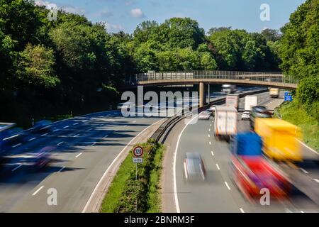 Bottrop, Ruhrgebiet, Nordrhein-Westfalen, Deutschland - viele LKWs fahren auf der Autobahn A2. Bottrop, Ruhrgebiet, Nordrhein-Westfalen, Deutschland - Vi Stockfoto