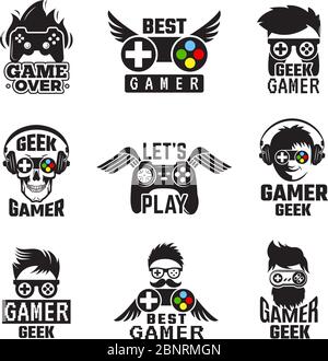 Abzeichen für Videospiele. Joystick-Konsole-Controller für Gaming-Geek Vektor-Etiketten Stock Vektor