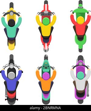 Ansicht von oben. Belag von Motorrädern mit Fahrer Verkehrsvektor flache Illustrationen Stock Vektor