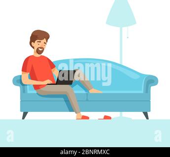 Freiberuflicher Mitarbeiter auf dem Sofa. Glücklich Lächeln Arbeit Kerl auf einem bequemen Bett mit Laptop Vektor Cartoon Bild Stock Vektor