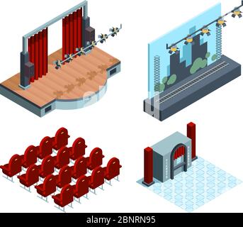 Theaterbühne isometrisch. Opera Ballettsaal Innenraum roten Vorhang Schauspieler Theater Sitz Vektor-Kollektion Stock Vektor