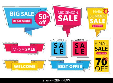 Trendige flache Banner. Angebote Werbung Rabatt Tags Promo Etiketten Aufkleber Grafik Vektor farbige Formen Stock Vektor