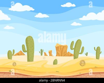 Desert nahtlosen Hintergrund. Wild West Spiel im Freien westlichen Canyon Landschaft mit Steinen Felsen Sand Kakteen Vektor Cartoon Illustration Stock Vektor