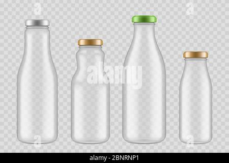 Glasflaschen aus Glas. Transparente Verpackungen für Getränke Saft und flüssige Lebensmittel Glaswaren leere Vektor Mock up Stock Vektor