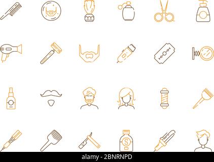 Symbol für den Schönheitssalon. Friseuse und Friseur-Shop Zubehör Schere Kammschneiden und Rasieren Vektor farbige Symbole Stock Vektor