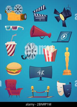 Cinema Icon Kollektion. Kino Unterhaltung Cartoon Bilder Video Club Popcorn 3d Brille Kamera Popcorn Vektor Illustrationen Stock Vektor