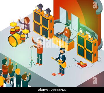 Konzertszene. Isometrische Rockband singende Menschen Unterhaltung Crowd Vektor-Konzept Stock Vektor