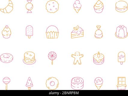 Farbige Dessert-Symbole. Geburtstag Süßigkeiten Kuchen Süßigkeiten Tiramisu köstliche Lebensmittel Gelee Eis Vektor-Symbole Stock Vektor