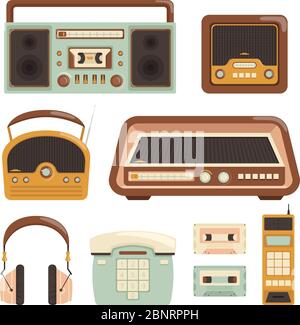 Retro-Radio. Elektronische Technologie 80er Jahre Telefon Foto Kamera Medien Artikel Vektor Illustrationen Stock Vektor