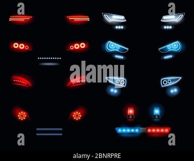 Autoscheinwerfer. Dunkle Umgebung mit roten und weißen Auto-Lichter Vektor realistische Sammlung Stock Vektor