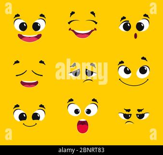 Cartoon Gesichter Sammlung. Verschiedene Emotionen Lächeln Freude Überraschung Traurigkeit Wut Sehnsucht Angst Vektor Emoticons Stock Vektor