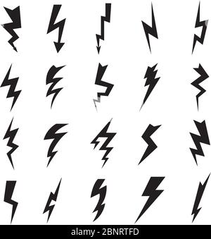 Thunderbolt Kollektion. Blitz elektrische Blitzspannung Strom Vektor Symbole isoliert auf weiß Stock Vektor