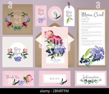 Hochzeitskarten. Einladung Vorlage mit schönen Blumen Hintergrund Blumen botanischen Vektor-Design Stock Vektor