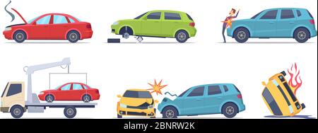 Autounfall. Beschädigter Transport auf der Straße Reparatur-Service versichert Fahrzeug Vektor-Illustrationen im Cartoon-Stil Stock Vektor