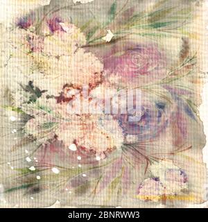 Aquarell Blumenmotiv. Grunge Aquarellpapier. Rustikale Tinte texturierte Kunst. Gut für Grüße, Hochzeit oder Einladungskarten, Hintergründe. Stockfoto