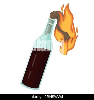 Brennender molotow-Cocktail. Flasche explosive Flüssigkeit und brennenden Lappen Docht. Stock Vektor